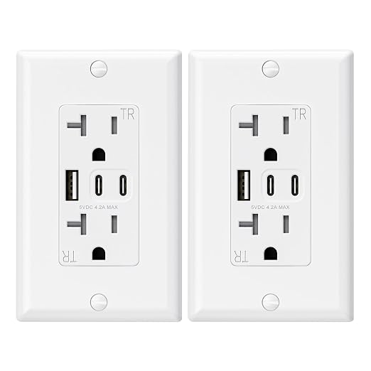 51G46jFRZ8L._SX522_.jpg ELEGRP USB Outlets, 20 Amp Wall Outlet with 3 USB Ports, Dual USB C Ports Outlets, TR Tamper-Resistant USB Outlets Receptacles, Wall Plate Included, UL/CUL Listed, 2 Pack, White - Image 1