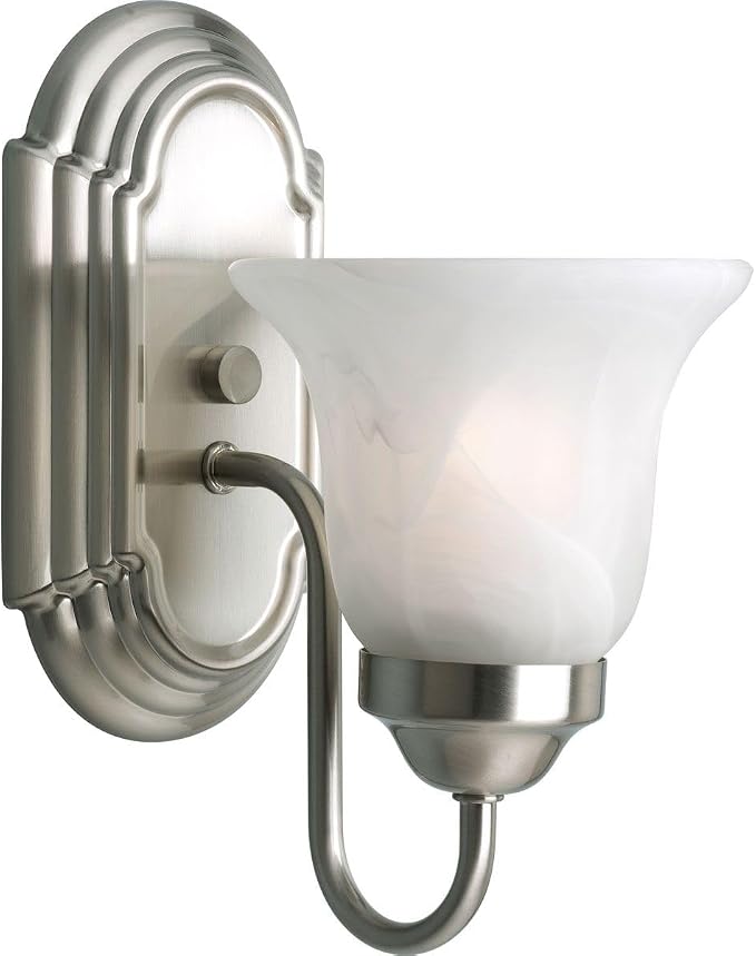 51Umho4v0gL._AC_SX679_.jpg Progress Lighting 1 Light Bathroom Vanity Light, Modern Bath Lighting Fixture with White Glass Shade for Over the Mirror, Alabaster Glass Collection, Reversible Mounting, Brushed Nickel (P3051-09) - Image 1