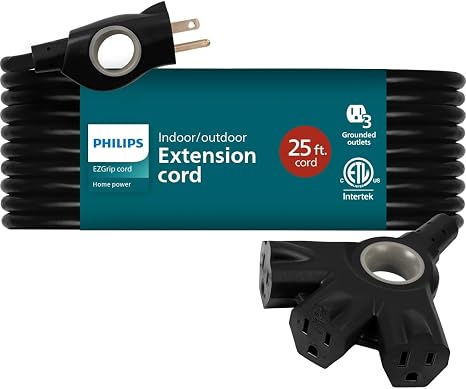 51bxyLxI4oL._AC_SX466_.jpg Philips EZGrip Outdoor Extension Cord with Multiple Outlets, Grounded 3 Prong Cord, Long Extension Cord Indoor with Multiple Outlets, Heavy Duty Extension Cord, 25 Ft, 16 AWG, Black, SPC3253ZB/37-T1 - Image 1