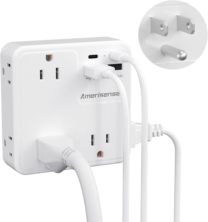 51dbcoIZMOL._AC_SX679_.jpg Multi Plug Outlet Extender with USB, Amerisense Wall Charger with 6 AC Outlets & 4 USB Ports (2 Type-C & 2 Type A Ports), 3-Sided Power Strip Multiple Outlets for Home, Kitchen, Office, Cruise Ship - Image 1