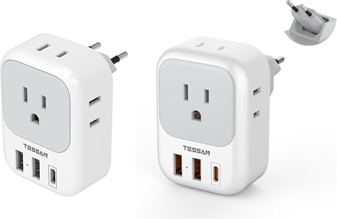 51gtVxl5AUL._AC_SX679_.jpg TESSAN European Travel Plug Adapter with 4 AC 3 USB (1 USB C PD 20W), Foldable Plug Type C, for US to Most of EU (Spain, France, Italy, Germany, Portugal, Iceland) - Image 1