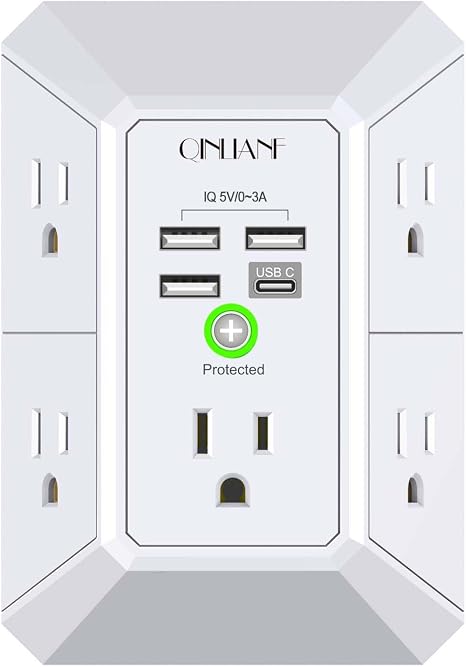 51lGPGOkjUL._AC_SX466_.jpg Wall Charger, Surge Protector, QINLIANF 5 Outlet Extender with 4 USB Ports | 1680 Joules, 3-Sided Power Strip, Multi Plug Wall Outlet Adapter Spaced for Home Travel Office, White - Image 1