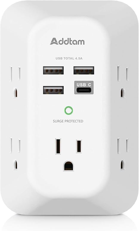 51q27AdELqL._AC_SX466_.jpg Addtam Surge Protector Outlet Extender with 5 AC and 4 USB Ports, 4.5A | Multi Plug Wall Outlet, Electric Outlet Splitter, 3-Sided 1800J Power Strip for Home Office Dorm, Easy to Install, Save Space - Image 1