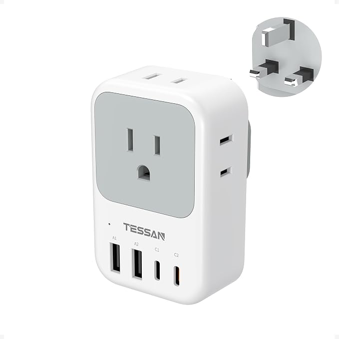 51w5WJ9kPsL._AC_SX679_.jpg TESSAN US to UK Type G Plug Adapter for Travel | 4 Outlets 4 USB Ports (2 USB-C, 1 with PD 20W), Ireland Power Adaptor, USA to England London Scotland - Image 1