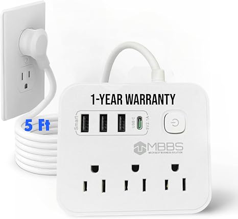 6141FHQa3qL._AC_SX466_.jpg Surge Protector Power Strip with USB C, Heavy Duty Extension Cord – (7-in-1) 3 AC Outlets, 4 USB Ports, LED On/Off Switch – Compact & Travel Friendly – Home, Office. (5ft) - Image 1