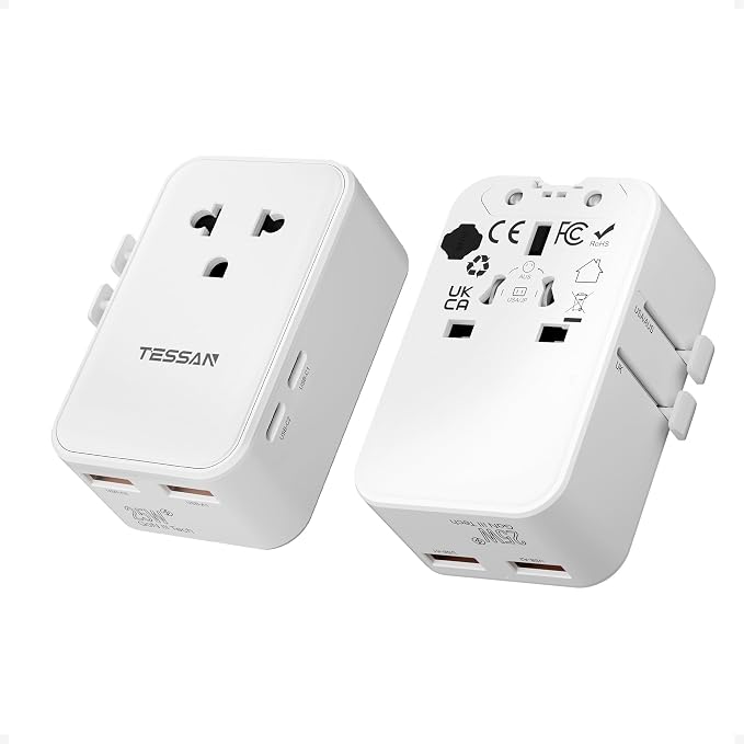 615xZ7FR-7L._AC_SX679_.jpg TESSAN Universal Travel Adapter PD 25W, White | International Power Adapter, Ultra Thin, 2 USB A 2 USB C, US to European UK Australia Ireland, Type C G A I - Image 1