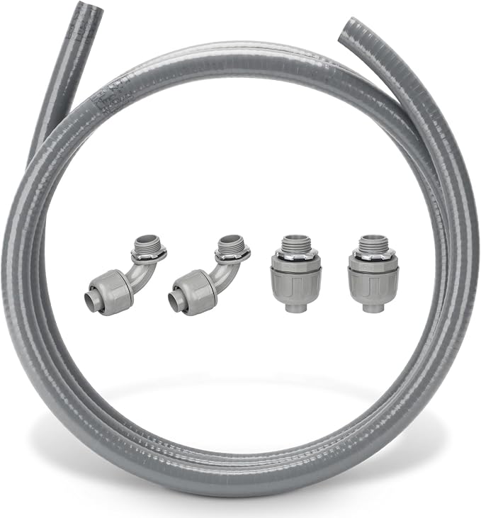 61MqJMjcgL._AC_SX679_.jpg 1/2 Inch 10 ft Liquid Tight Conduit Kit, Flexible Electrical Conduit Kit | Straight and Angle Fittings Included, PVC Non Metallic, AC Whip Kit with No Electrical Wire, Cut Easily, Outdoor Conduit Pipe - Image 1