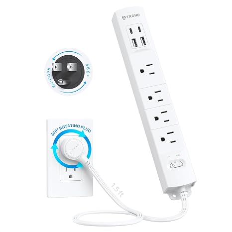 61TGJ8ewmrL._AC_SX466_.jpg TROND Wall Mount Surge Protector Power Strip with 360 Rotating Plug, 1.5ft | 4 AC, 2 USB-C & 2 USB-A, 1440J, 13A/1625W, Fit Home Office Dorm Room Under Desk Cable Management Tray, ETL Listed, White - Image 1