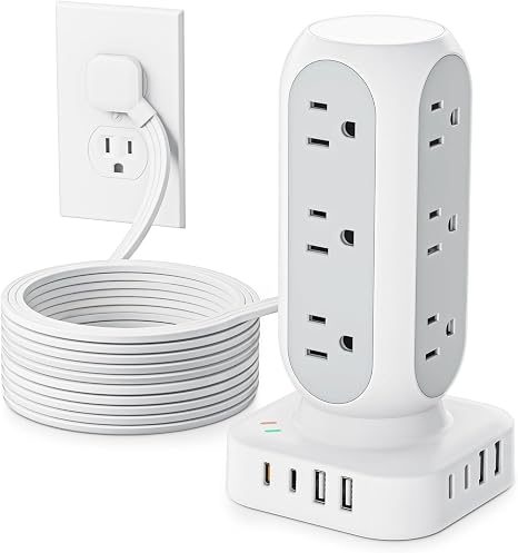 61TwdeTrupL._AC_SX466_.jpg Flat Plug Power Strip Tower, TenTrend 40W Total Fast Charging Station, 10FT | 12 AC Outlets & 8 USB Ports (4 USB C), Dual PD 20W, Long Extension Cord for Desk Office Dorm Room - Image 1