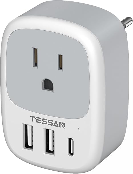 61WLnIv-THL._AC_SX466_.jpg TESSAN European Travel Plug Adapter, Type C Plug | 3 USB Ports (1 USB C), International Outlet Charger, US to EU Iceland Spain Italy France Germany - Image 1