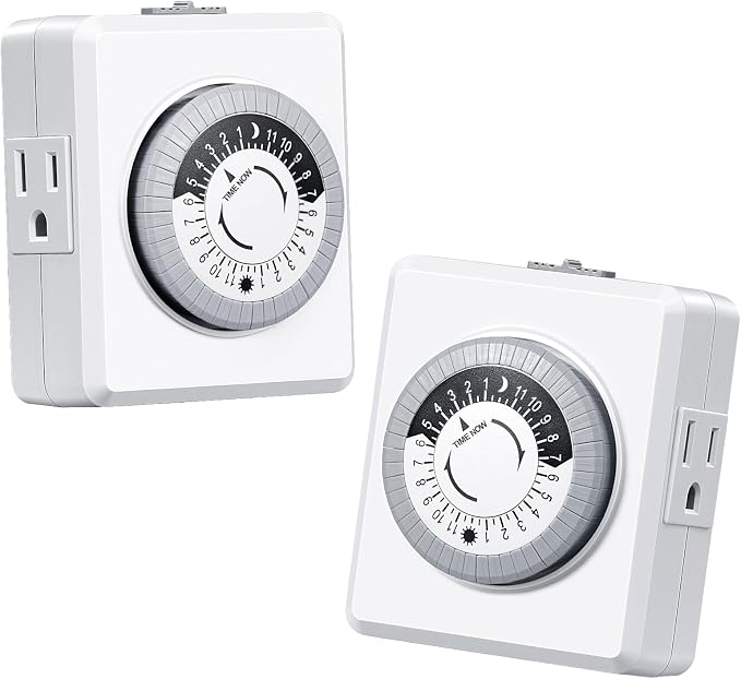 61dA4O-4TcL._AC_SX679_.jpg DEWENWILS 24 Hour Cycle Plug-in Mechanical Timer 2 Pack | 30-Minute Intervals, Dual 3 Prong Outlets, 125V 15A for Room Lights, Lamps, Aquarium, Reptile Tank, ETL Listed - Image 1