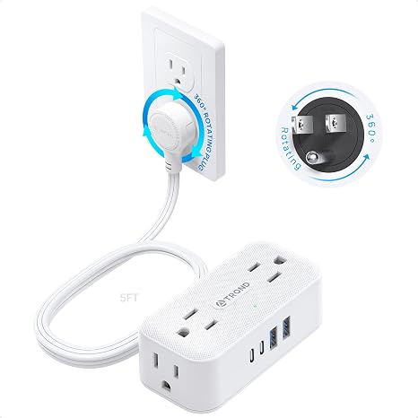 61ot6RsF1iL._AC_SX466_.jpg TROND 360° Rotating Flat Plug Power Strip 5ft, 4 Widely AC Outlets, White | Flat Extension Cord 4 USB Ports (2 USB C), 10A/1250W, Wall Mount, 900J Surge Protector for Office Travel Dorm Room Essentials - Image 1