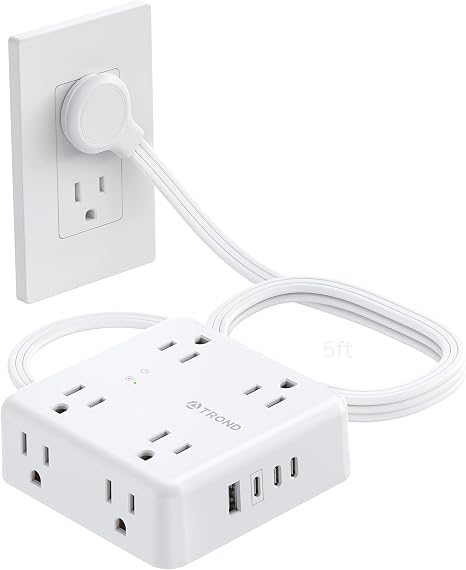 61q-svmbvsL._AC_SX466_.jpg TROND Surge Protector Power Strip, 5ft Flat Plug Extension Cord, White | 8 Outlets & 4 USB Ports(3 USB C), 1625W, 1440J, Wall Mount Outlet Extender for Home Office Dorm Room Essentials - Image 1