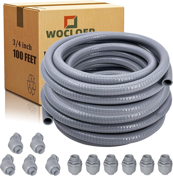 715NdRO7DlL._AC_SX679_.jpg 3/4 inch 100Ft Liquid-Tight Conduit Kit, Flexible Non Metallic Electrical Conduit, with 6 Straight and 5 Angle Fittings Included. 3/4 - Image 1