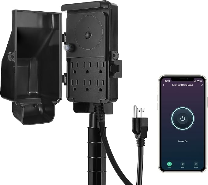 71A21ZNcqoL._AC_SX679_.jpg DEWENWILS WiFi Smart Yard Stake Timer Plug, Outdoor Power Stake Timer | 6 Outlets, 6FT Cord, Waterproof, Voice Control, Alexa&Google Assistant Compatible, 1875W/15A, for Patio, Halloween Decors - Image 1