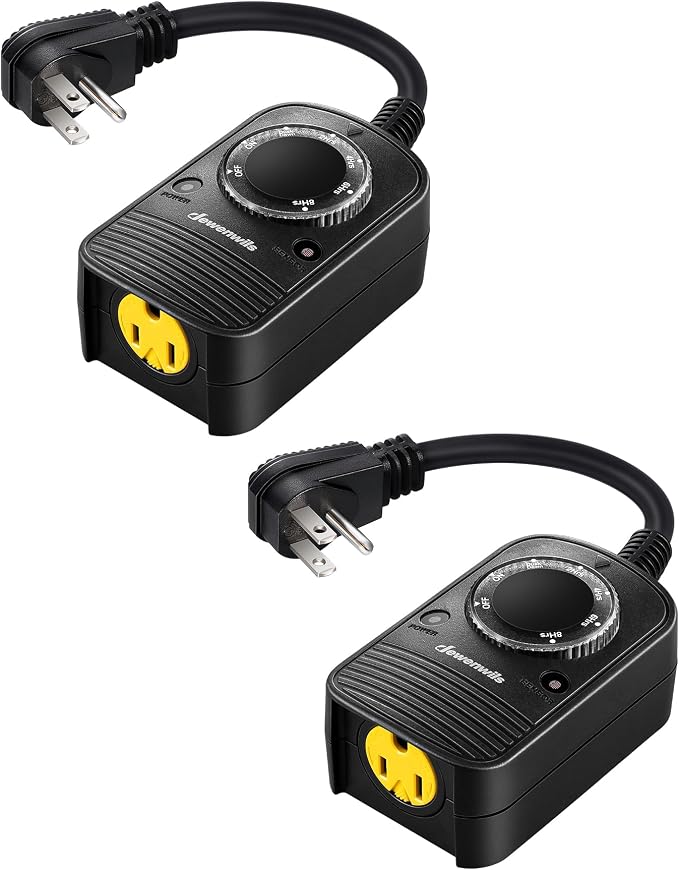 71CSY2S-iyL._AC_SX679_.jpg DEWENWILS Outdoor Timer for Lights,Dusk to Dawn Sensor Timer,UL Listed | 2 Pack, Yellow Rotatable Waterproof Cover, 10A, 1/2 HP, Electrical Outlet, Weatherproof for Garden String Light - Image 1
