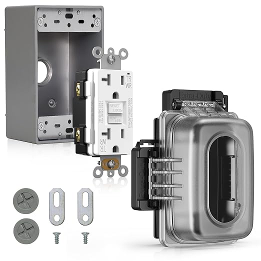 71NAQIreVPL._SX522_.jpg ELEGRP Outdoor GFCI Outlet with in Use Cover and Box Kit, 1 Gang, 20 Amp TRWR Self-Test GFI Receptacle, Extra Duty Metallic Electrical Outlet Box, Lockable in Use Cover, UL Listed, White, 1 Pack - Image 1