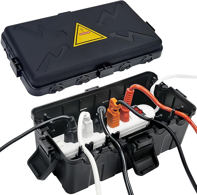 71ZqYNQItL._AC_SX679_.jpg Hrensaw Medium Outdoor Electrical Box(10.6x5.5x4.5inch),Weatherproof Connection Box w/6 Cable Entry,IP54 Waterproof Extension Cord Cover Protect Power Strip,Timer,Plug,Holiday Lights,Black - Image 1
