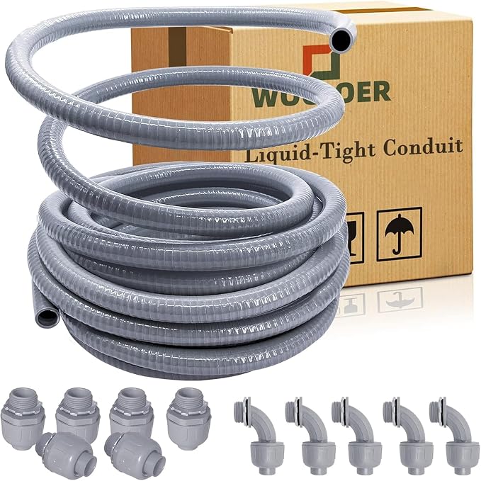 71cVFqNDPpL._AC_SX679_.jpg 1/2 inch 100Ft Liquid-Tight Conduit Kit, Flexible Non Metallic Electrical Conduit, with 6 Straight and 5 Angle Fittings Included. 1/2 - Image 1