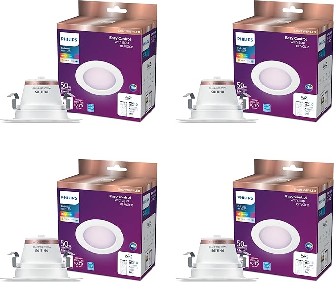 71doHk1p3BL._AC_SX679_.jpg PHILIPS Smart Retrofit Recessed Downlight 4-Pack, 50W Equivalent, 4-Inch LED Color Changing Lights, Powered by WiZ Connected - Image 1