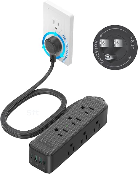 71knjetI4VL._AC_SX466_.jpg TROND 360° Rotating Flat Plug Power Strip 5ft with USB PD 20W, 9 AC, Black | Flat Extension Cord Surge Protector 1300J, 1625W, Wall Mountable, for Home Office Travel Dorm Room Essentials - Image 1