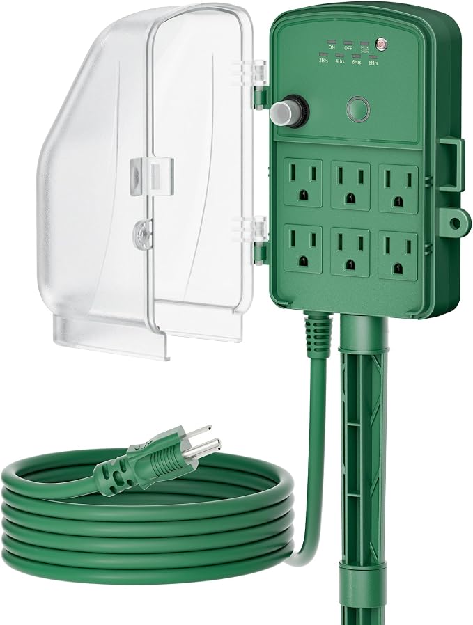 71qiCE5U66L._AC_SX679_.jpg DEWENWILS Outdoor Power Stake Timer, Waterproof Dusk to Dawn Timer | 6FT Extension Cord, 6 Grounded Outlets & Safety Cover, 15A Heavy Duty, Ideal for Garden, Yard Lights, Decorations, Green - Image 1