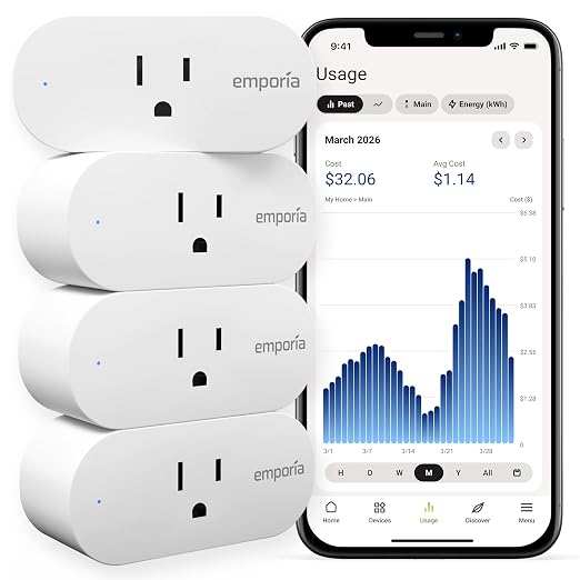 71v2uvyKvqL._SX522_.jpg Emporia Energy Monitoring Smart Plug, WiFi Smart Outlet Plug Works with Alexa and Google Home - 15a Outlet with Timer, Mobile App, Home Energy Monitor, Scheduling - 2.4ghz WiFi Only (4 Pack) - Image 1