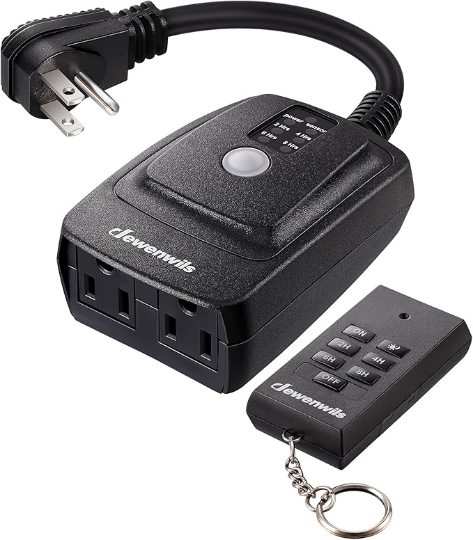 817qWMwvMlL._AC_SX679_.jpg DEWENWILS Outdoor Timer for Lights,100FT Remote Control with 2 Outlets | 2/4/6/8H Countdown, 125V 15A 1/2HP, Outdoor Timer Outlet Waterproof for String Lights, Pump, Sprinkler, Fountain, UL Listed - Image 1