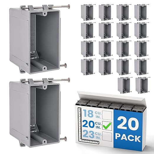818SOpMpJ2L._SX522_.jpg 1-Gang New Work Outlet Box, 20 Cubic Inch (20-Pack) Single Gang PVC Electrical Box Captive Nail Mounting, Non-Metallic PPO/PVC Plastic Construction Boxes GFCI Outlets Dimmers, UL/ETL Listed - Image 1