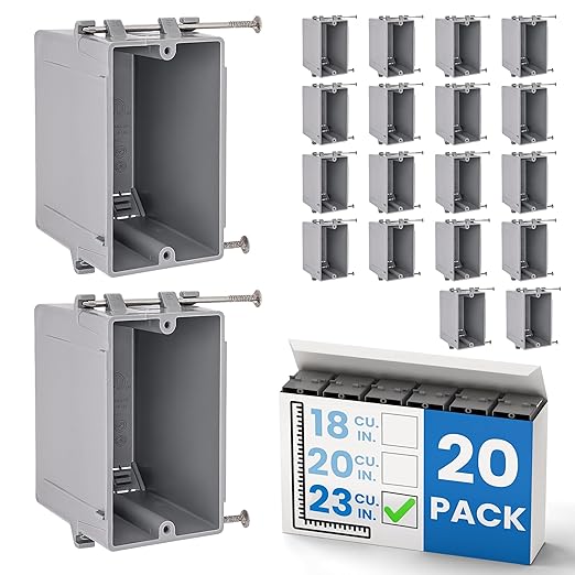 81OFjQyL8kL._SX522_.jpg 1-Gang New Work Outlet Box, 23 Cubic Inch (20-Pack) Single Gang PVC Electrical Box Captive Nail Mounting, Non-Metallic PPO/PVC Plastic Construction Boxes GFCI Outlets Dimmers, UL/ETL Listed - Image 1