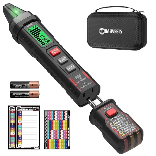 81hY71J4HsL._SX522_.jpg KAIWEETS Circuit Breaker Finder with LCD Display, GFCI Outlet Tester, AC 90-130V Electrical Circuit Tracer Tool with NCV Tset & Flashlight, Includes Carrying Case -KT303 - Image 1